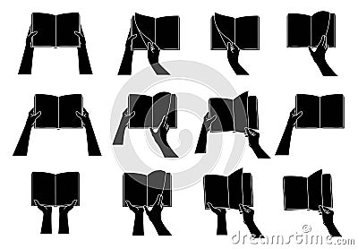 Hand collection. Hands hold open book. Black silhouette Vector Illustration